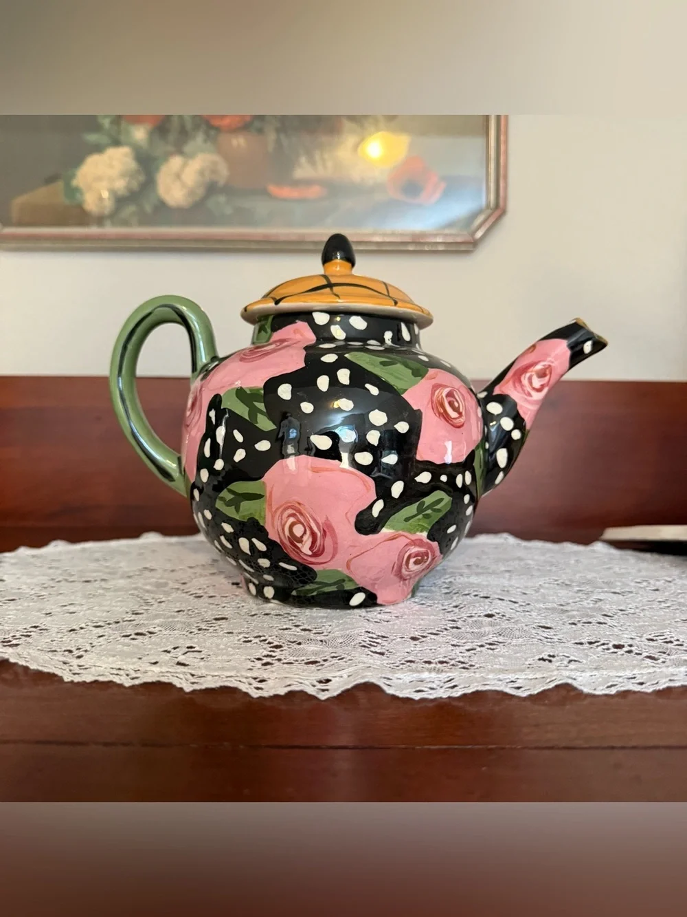 Vintage Droll Designs Hand-Painted Teapot and Lidded Sugar Bowl Set